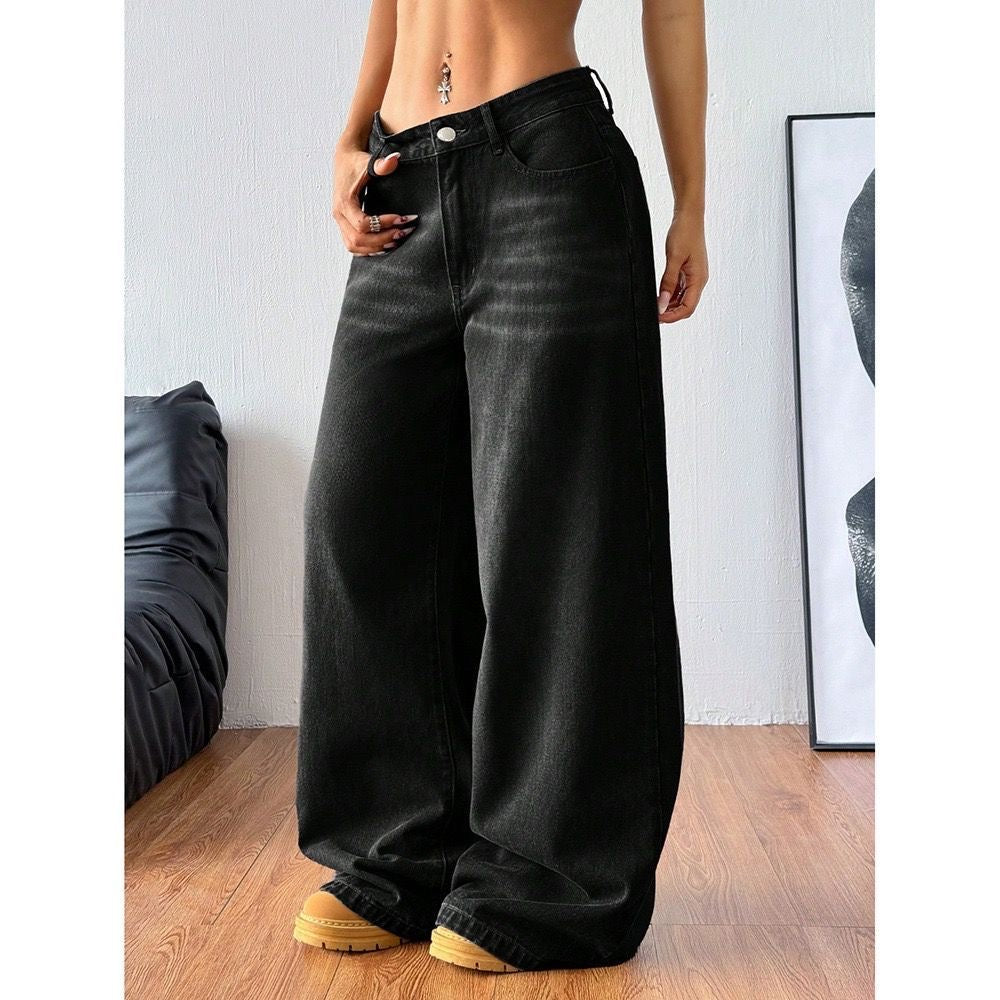 Wide-Leg Jeans – Loose Straight Denim Trousers, Washed Dark Gray Casual Pants