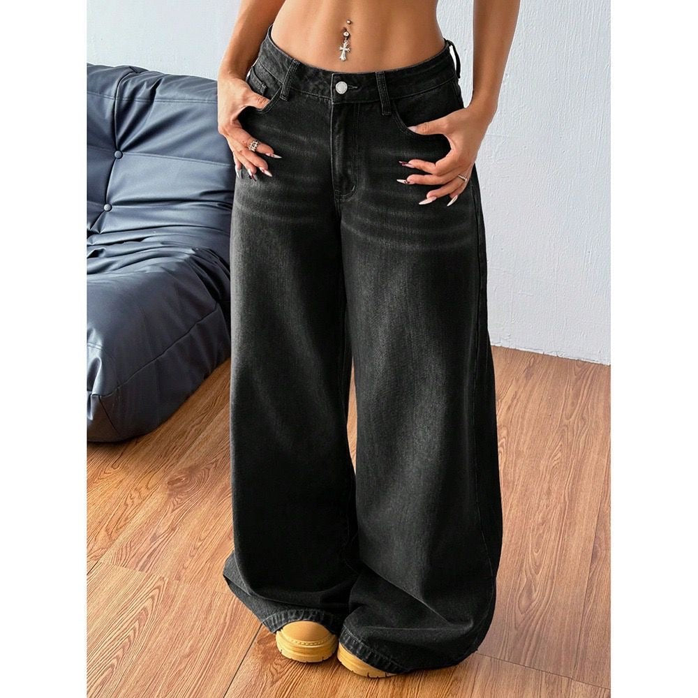 Wide-Leg Jeans – Loose Straight Denim Trousers, Washed Dark Gray Casual Pants