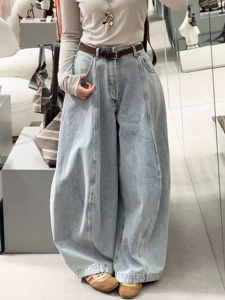 High Waist Wide-Leg Jeans – Distressed Denim, Loose Straight Balloon Pants