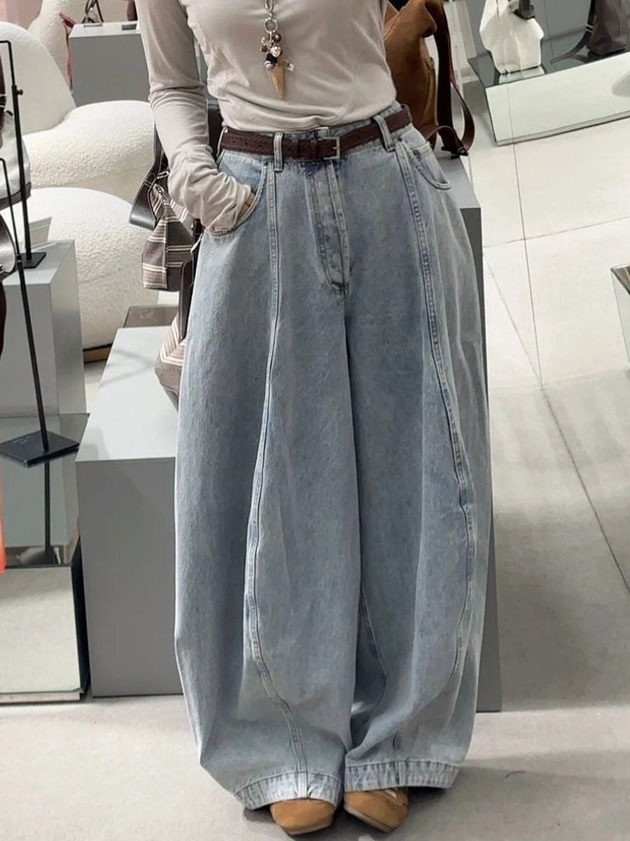 High Waist Wide-Leg Jeans – Distressed Denim, Loose Straight Balloon Pants