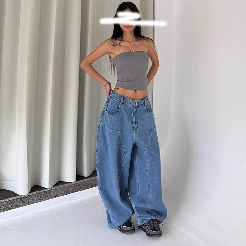 High Waist Loose Wide-Leg Jeans – Retro American Street Style Straight Mopping Pants with Pocket Design