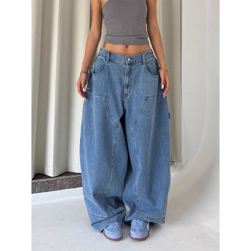 High Waist Loose Wide-Leg Jeans – Retro American Street Style Straight Mopping Pants with Pocket Design