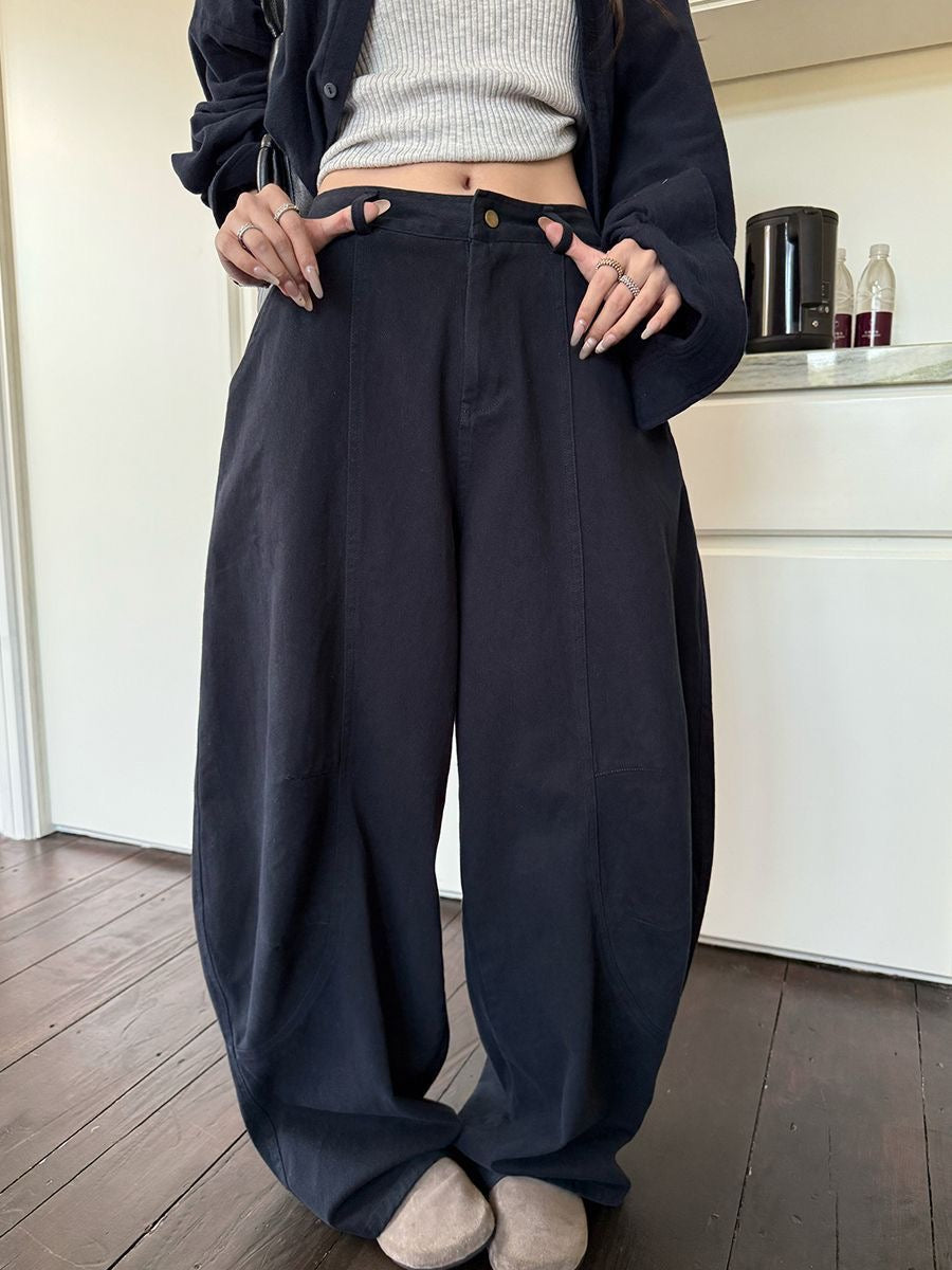 Loose High Waist Wide-Leg Jeans – Retro American Workwear Lantern Pants, Slim Straight Casual Denim Trousers