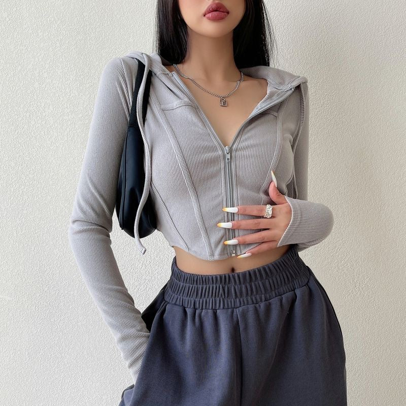 Women’s Zip-Up Hooded Sweatshirt – Slim Fit, Waist-Cinching Short Top in a Pure and Sexy Style