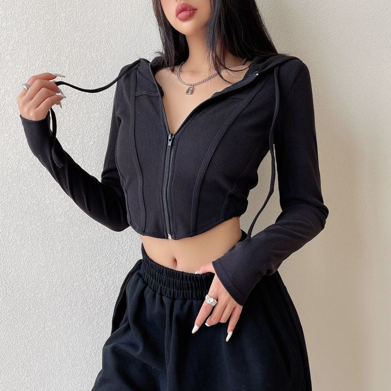 Women’s Zip-Up Hooded Sweatshirt – Slim Fit, Waist-Cinching Short Top in a Pure and Sexy Style