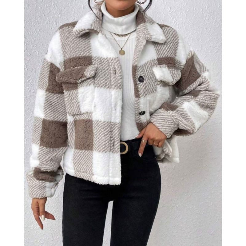Women’s Plaid Button-Up Teddy Jacket – Casual Flap Pocket Coat with Long Sleeves