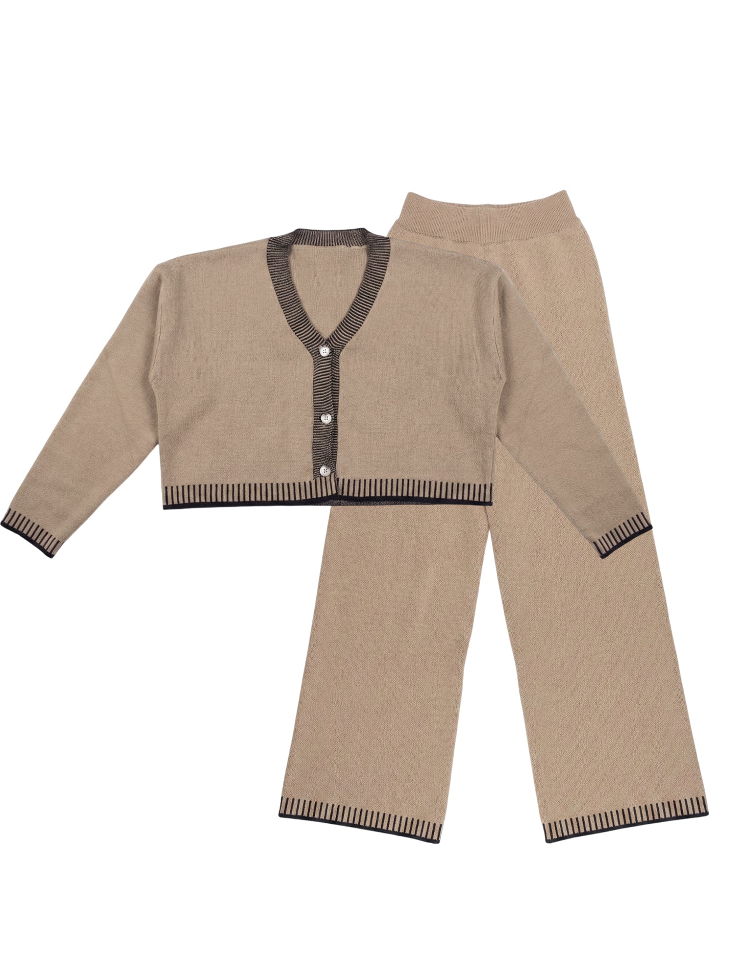 Women’s Knit Two-Piece Set with Contrast Trim – Cardigan & Straight-Leg Pants
