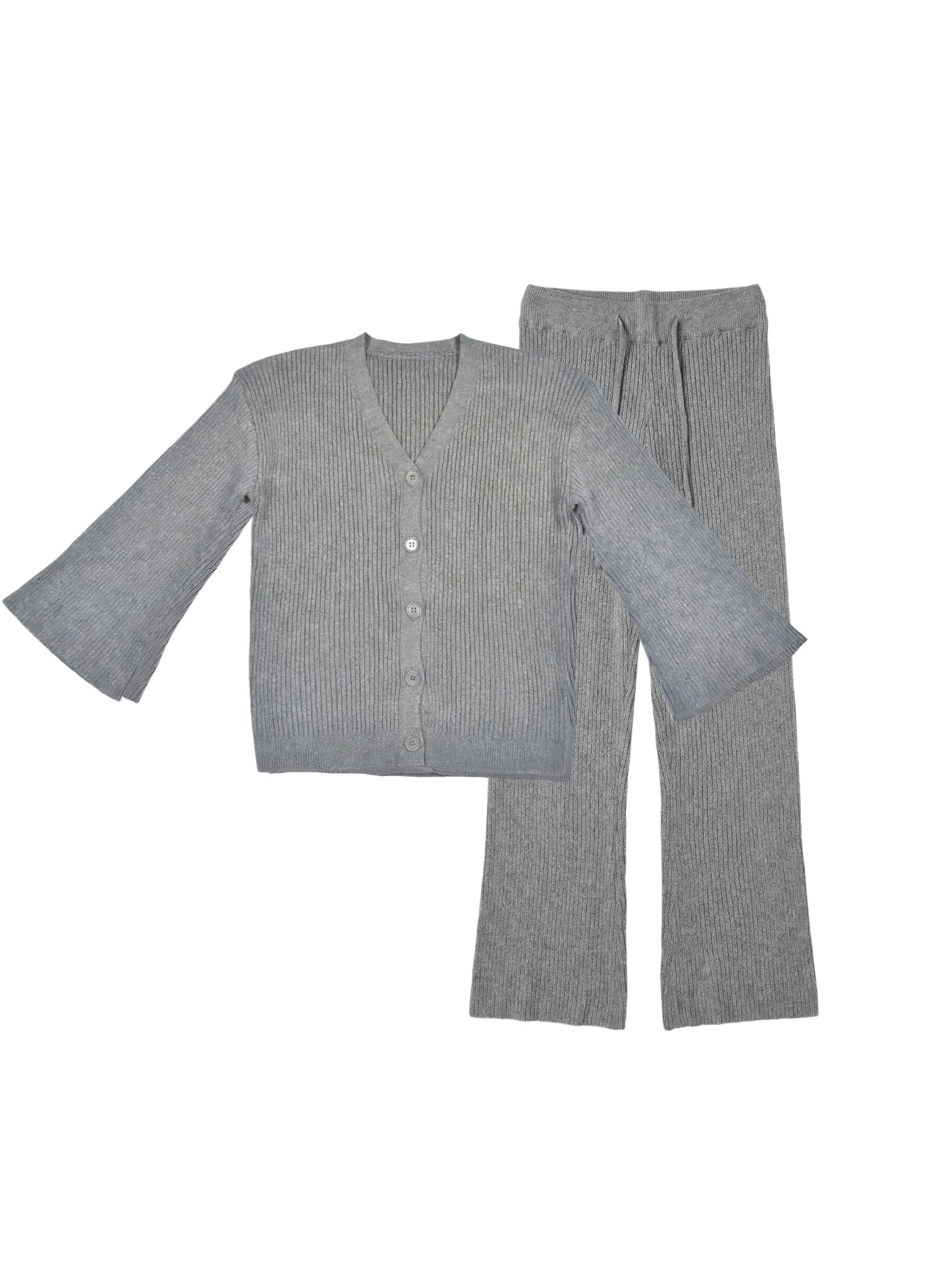 Women’s Knit Two-Piece Set – Button-Down Cardigan & Ribbed Pants