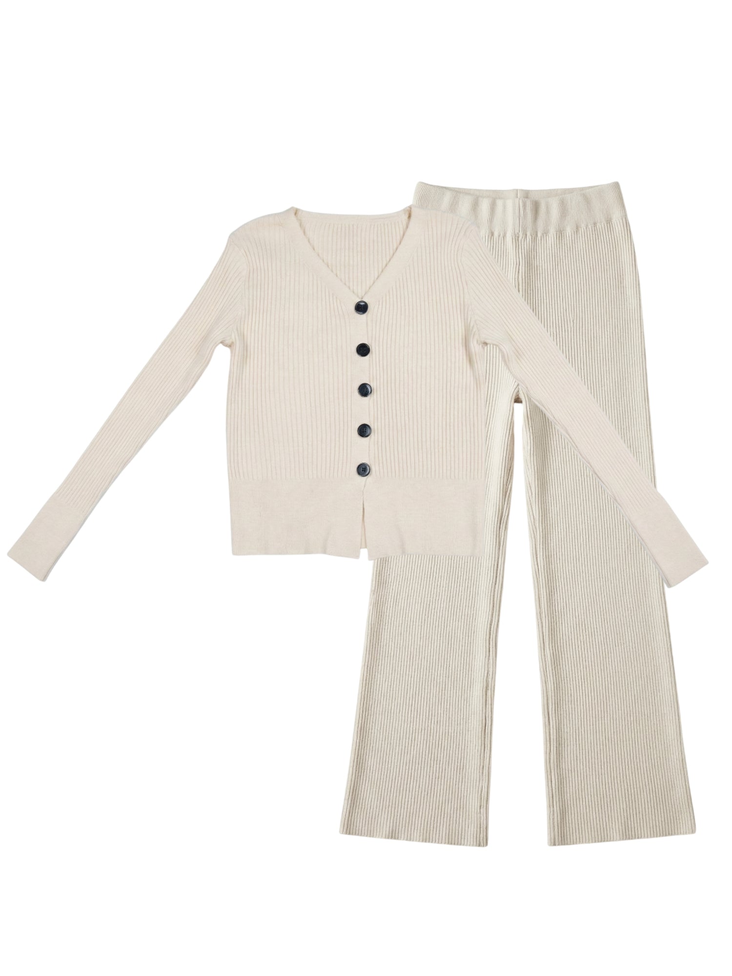 Women’s Ribbed Knit Two-Piece Set – Button Cardigan & Straight-Leg Pants